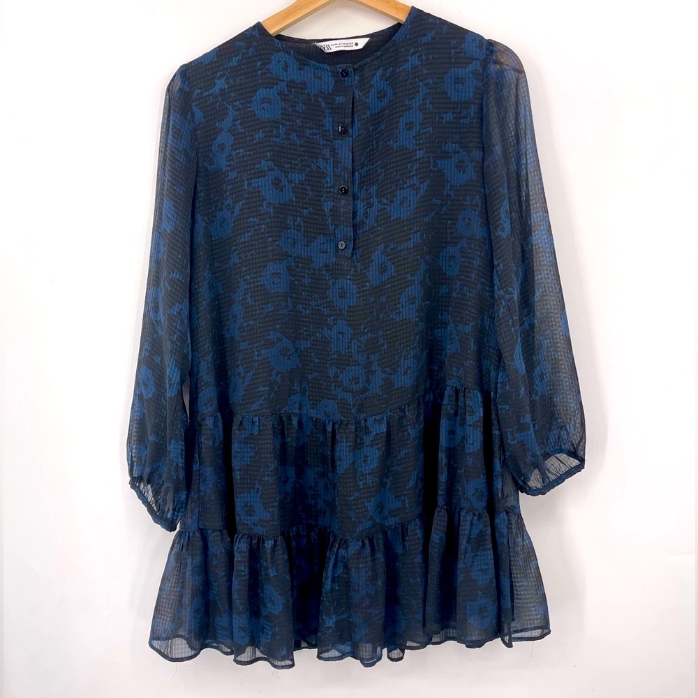 Zara Tiered Floral Mini Dress Textured Long Sleeve A Line Dress Size XS - Picture 2 of 8